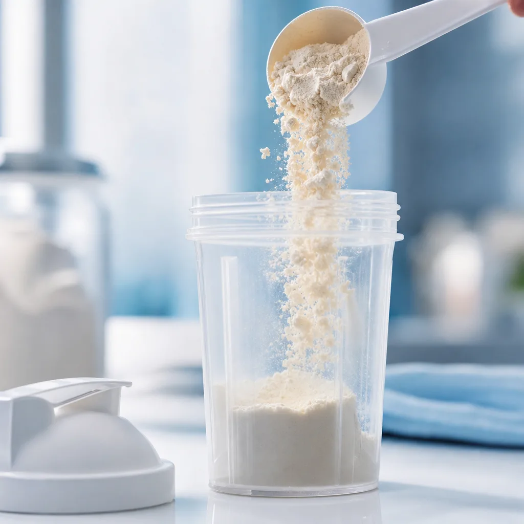 close-up of whey protein powder being poured into a shaker bottle