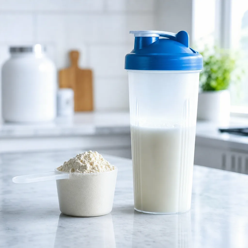 measuring scoop of protein powder next to a shaker bottle on a kitchen counter