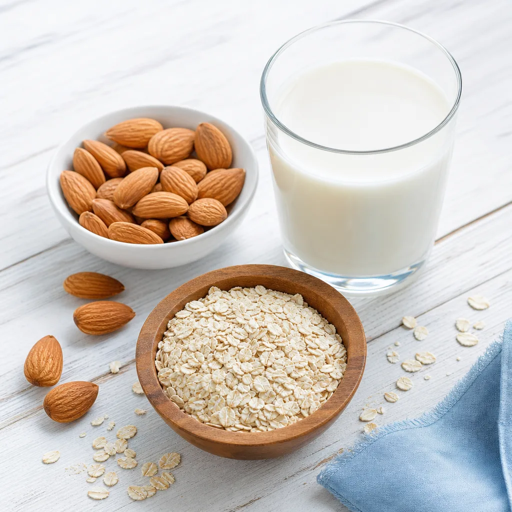 flat lay of raw almonds, oats and a glass of milk on a light wooden table