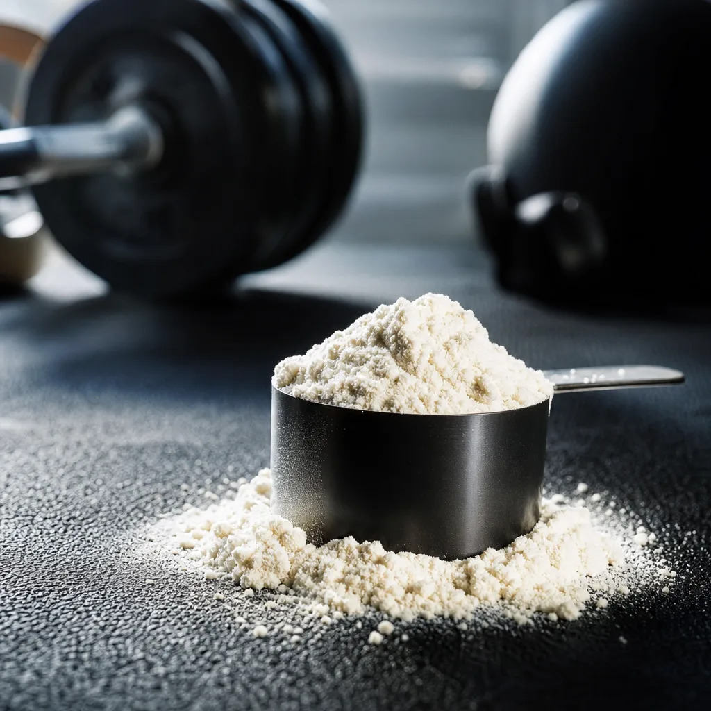 powder supplement in a metal scoop on a dark gym floor with dramatic side lighting