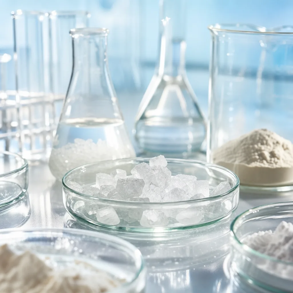 close up laboratory glassware with amino acid crystals under bright studio light
