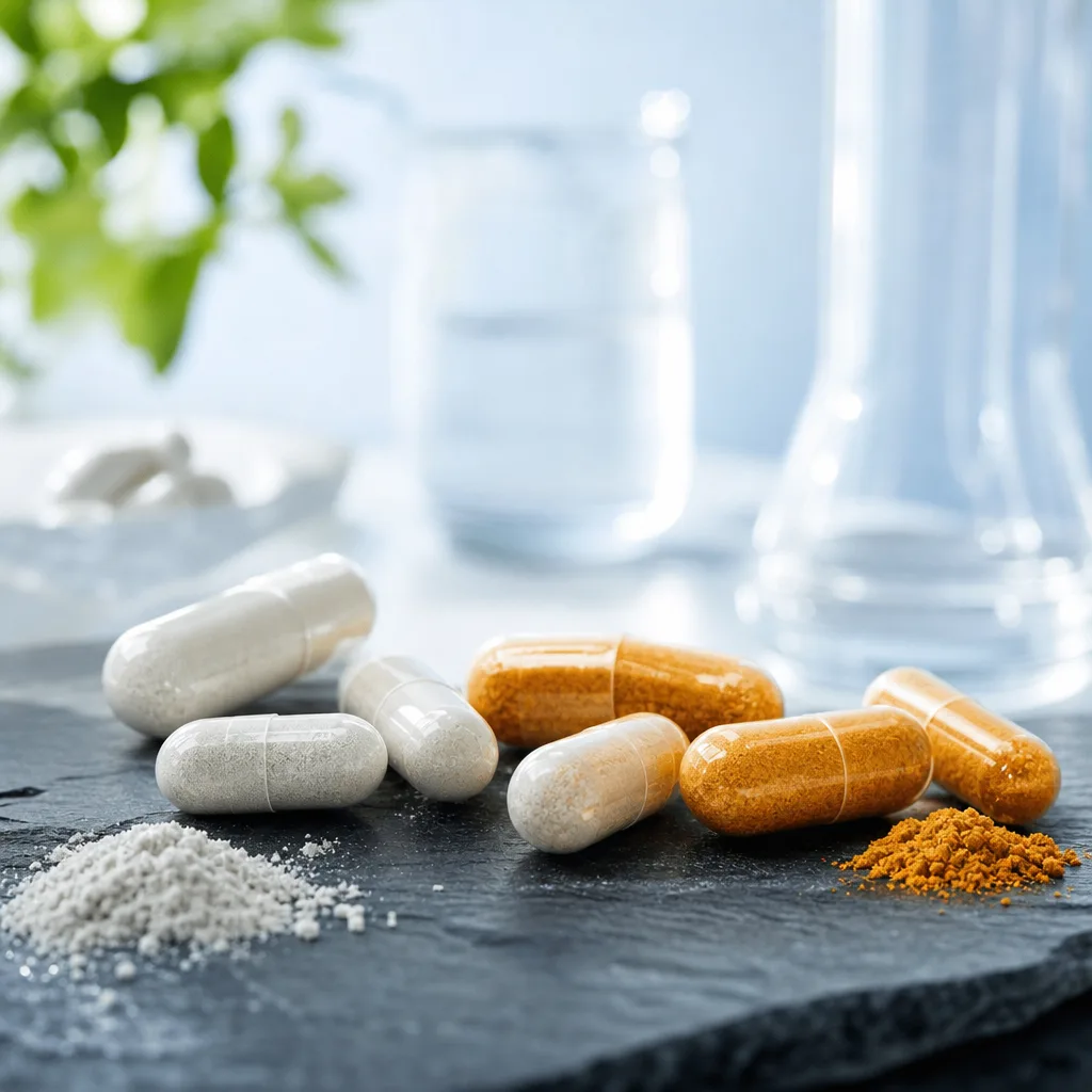 glass capsules with white and orange mineral powder on a dark stone surface