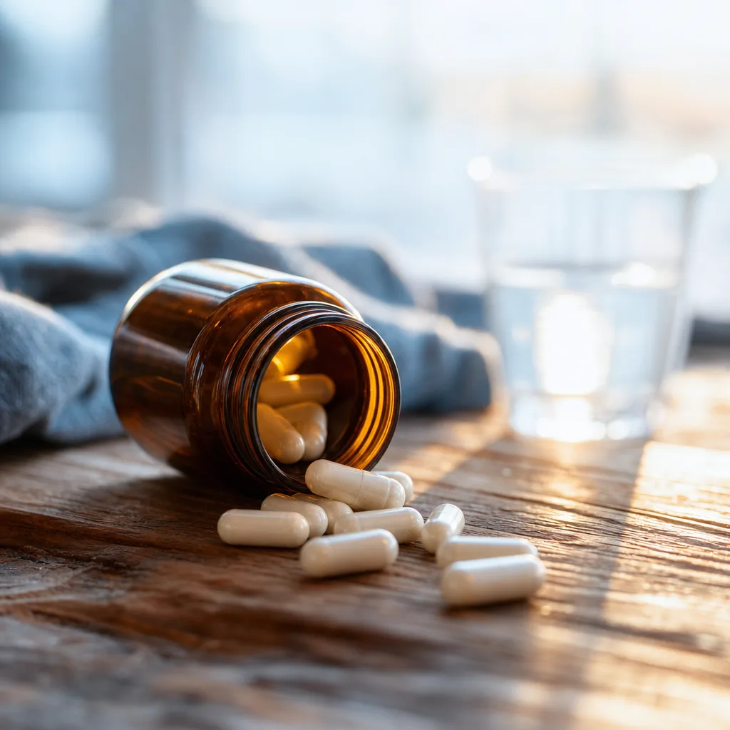 small brown supplement bottle with capsules spilled next to it on wood, soft evening light