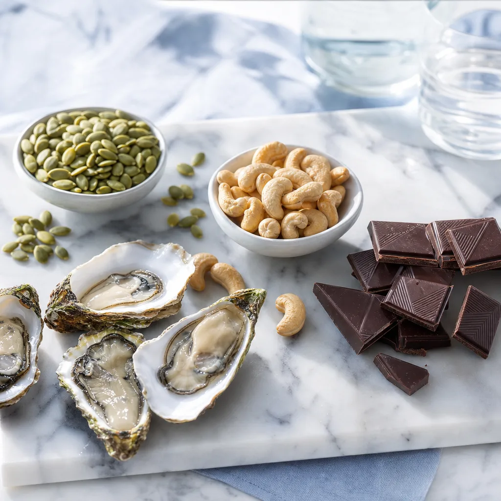 flat lay of pumpkin seeds, cashews, oysters, and dark chocolate on a marble board