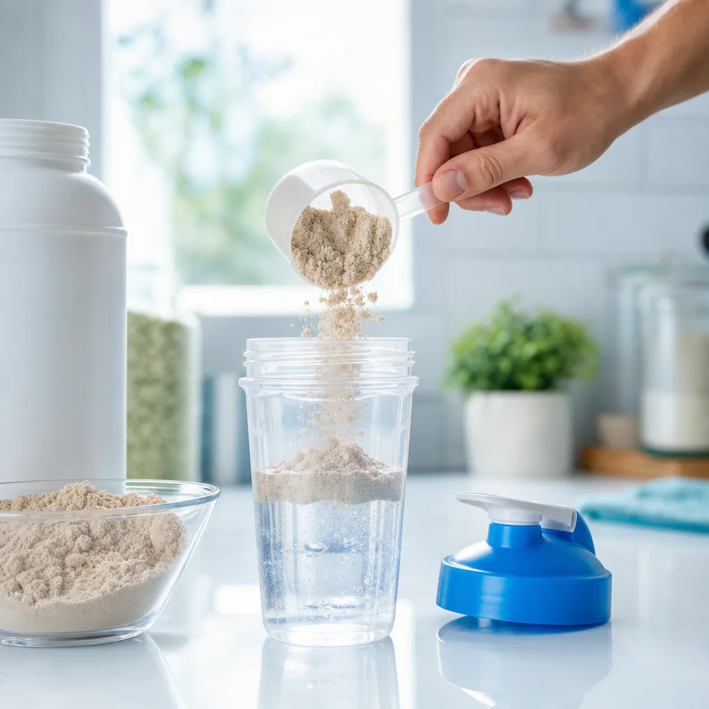 Hand pouring protein powder into a shaker bottle filled with water on a kitchen counter