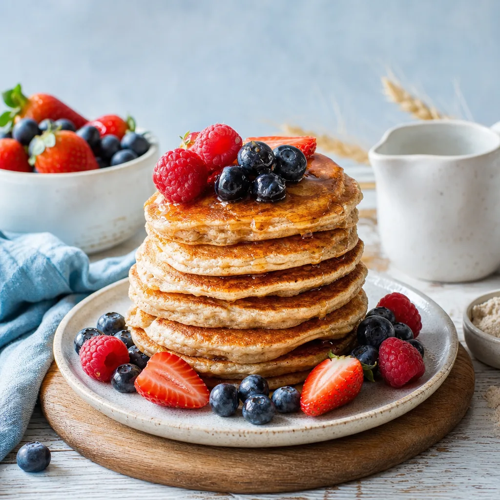 Stack of protein pancakes on a plate with fresh berries on top, wooden table, soft natural light