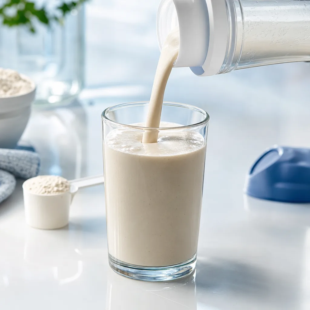 Close up of a smooth protein shake being poured from a shaker into a glass, no lumps visible